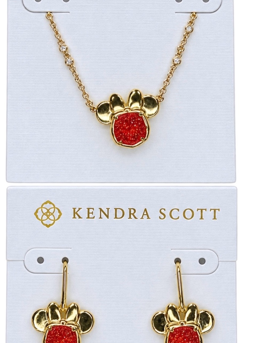 Kendra Scott Mickey Mouse Necklace & Earrings Set Red Gold Tone New